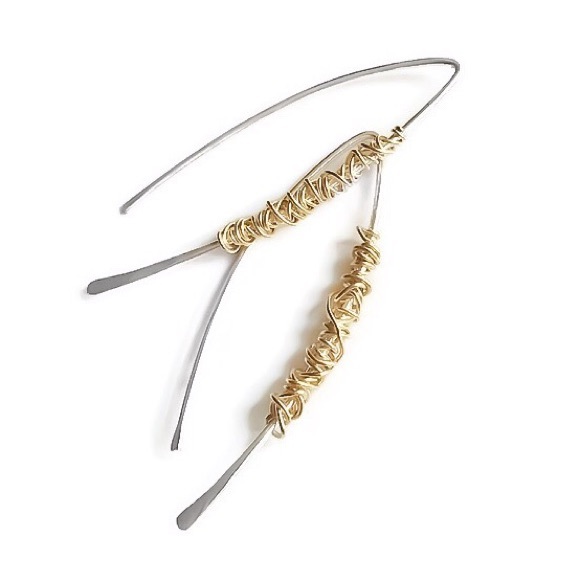 925 sterling silver wire wrapped in gold hooked on open hoop threader earrings - Picture 2 of 7